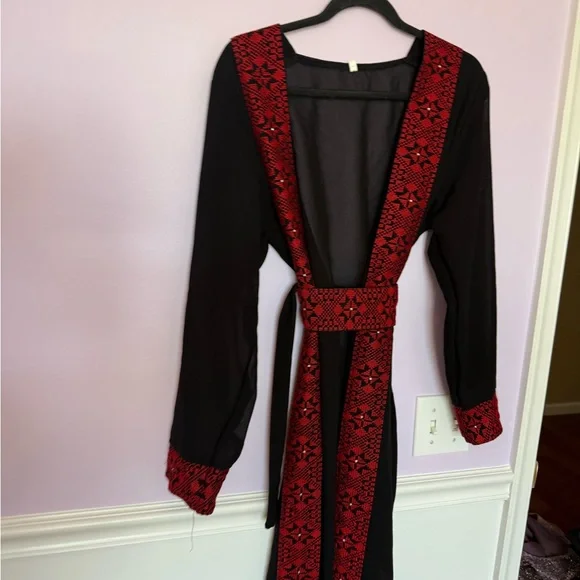 Black Maxi Cardigan Palestinian with Red Embroidered Trim - Picture 3 of 6